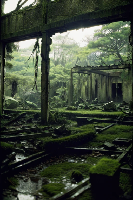 moss,Collapse,Devastation,Inside the ruins is narrow,Showa,Glasses,Women,adventure,Black and White,