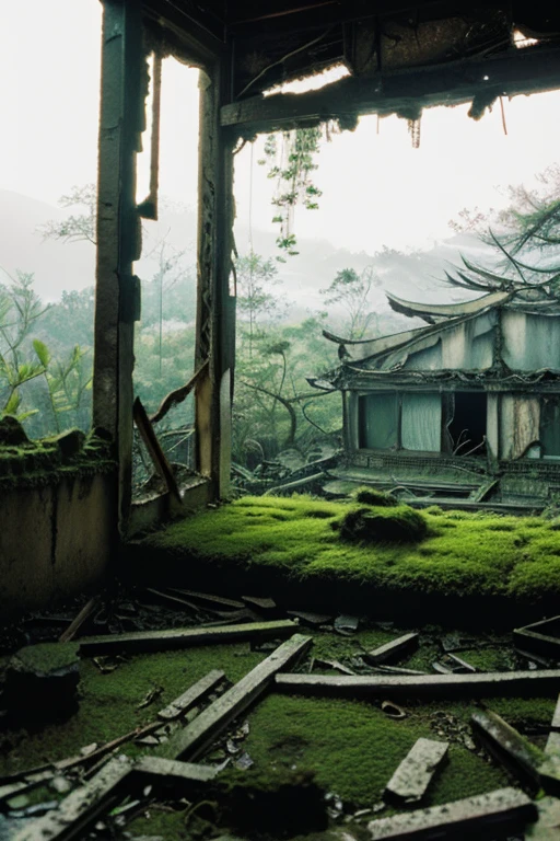 moss,Collapse,Devastation,Inside the ruins is narrow,Showa,Glasses,Women,adventure,Black and White,