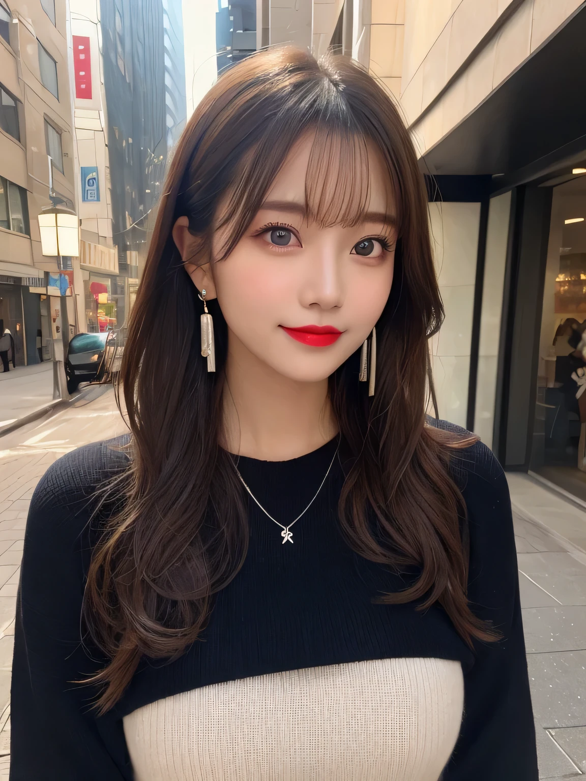 Urban beautiful girl college student, masterpiece, light makeup, red lips, silver hair, messy long hair, street background, beautiful, elegant. super fine details, master works, authentic texture, cinematic lighting realism, perfect job, 16K, hd, exquisite features,blue eyes、japanese idol、Beautiful Face、cute smile、brown hair、beautiful hair、ponytail、glamorous、 big breasts、erect nipples、Oily muscle、shiny skin、tanned skin、Black glowing skin、Sexy knitted sweaters, bright big eyes, smooth skin, earrings, necklace,