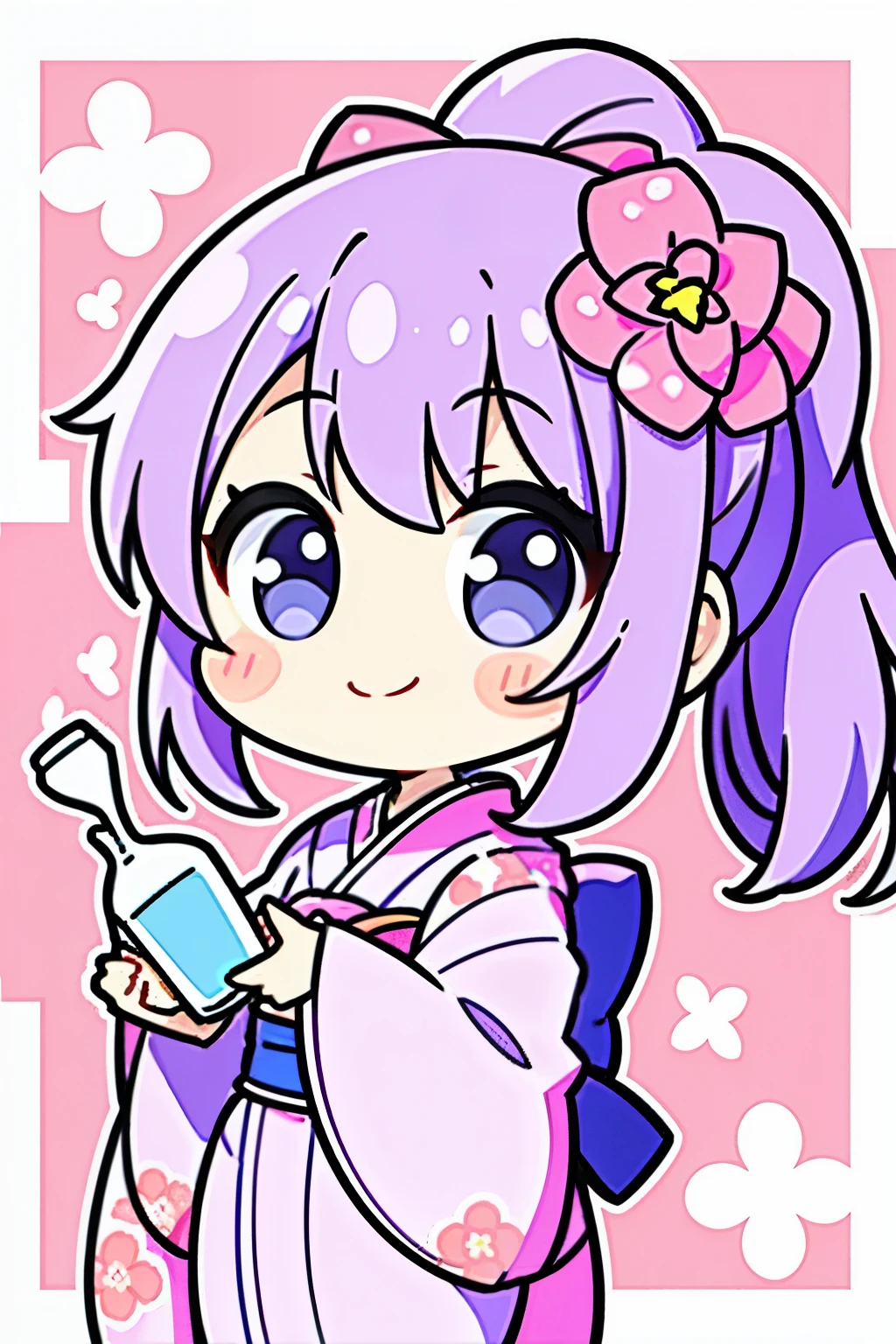 (Perfect picture quality:1.1),(masterpiece:1.1),(high quality:1.1),1 girl, SOLO, (wearing lavender sakura gorgeous kimono:1.3), blue hair, double ponytails on both sides, looking at the camera, smiling and doing a heartbeat, drinking milk, randomly tiled loving gray background,