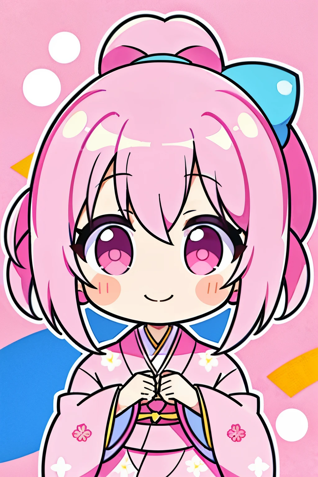 (Perfect picture quality:1.1),(masterpiece:1.1),(high quality:1.1),1 girl, SOLO, (wearing pink sakura gorgeous kimono:1.3), blue hair, double ponytails on both sides, looking at the camera, smiling and doing a heartbeat, drinking tea, randomly tiled loving gray background,