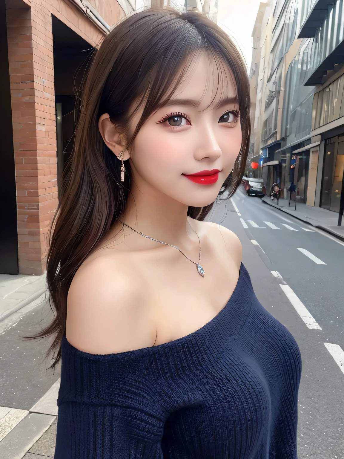 Urban beautiful girl college student, masterpiece, light makeup, red lips, silver hair, messy long hair, street background, beautiful, elegant. super fine details, master works, authentic texture, cinematic lighting realism, perfect job, 16K, hd, exquisite features,blue eyes、japanese idol、Beautiful Face、cute smile、brown hair、beautiful hair、ponytail、glamorous、 big breasts、erect nipples、Oily muscle、shiny skin、tanned skin、Black glowing skin、Sexy knitted sweaters, bright big eyes, smooth skin, earrings, necklace,