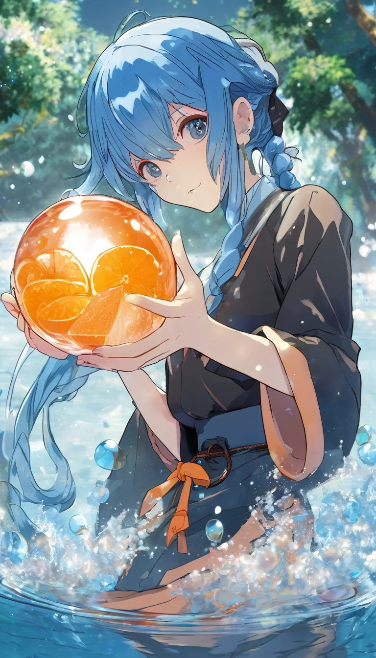A blue-haired anime character holds an orange crystal ball while standing in water.