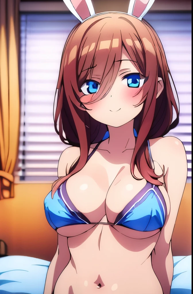 ((masterpiece)), ((best quality)), (ultra-detailed), on the bed, a cute girl, 1girl, solo, bunny girl00, ((beautiful eyes)), smile, ((open chest)), ((cute nipples)),small breast