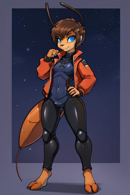 anthro ant, cute, skinny, feminine body, Looking at viewer, night sky background, thin body, black and orange wet suit, short hair, dark blonde hair, slicked haircut, forehead, blue eyes, utility belt, cropped jacket, (2 long ant antenna), insect, arthropod, tiny breasts, ant feet, proud pose, dripping groin, orange myr, 