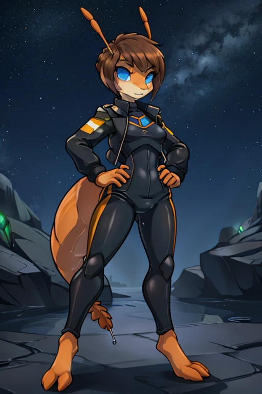 anthro ant, cute, skinny, feminine body, Looking at viewer, night sky background, thin body, black and orange wet suit, short hair, dark blonde hair, slicked haircut, forehead, blue eyes, utility belt, cropped jacket, (2 long ant antenna), insect, arthropod, tiny breasts, ant feet, proud pose, dripping groin, orange myr, 