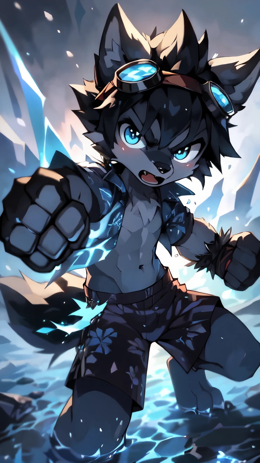Furry Shota, young, Wolf, Black Hair, Long Spiky Ponytail, blue eyes, detailed body fur, ((Blue Hawaiian shirt, Open your clothes, black swimming trunks, goggles)), masterpiece, Watching you, Fangs, Transparent gray body hair, Delicate face, Big eyebrows, Delicate eyes, detailed body, detailed body fur, Detailed hands, Flat body, Glittering body, Shiny body, Skinny, Angry expression, open mouth, Watching you, The whole scene glows, Snow Forest, Snow and rain, Ice Pellets, punch act, Action poses, (Ice Control, Ice Slash Effect, ice powers, Ice Fist, punch), Solitary, whole body, The foot has three toes, 
