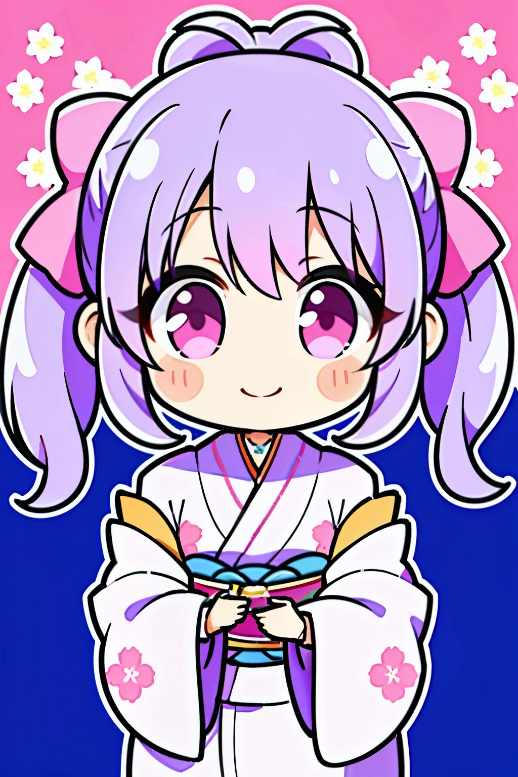 (Perfect picture quality:1.1),(masterpiece:1.1),(high quality:1.1),1 girl, SOLO, (wearing lavender sakura gorgeous kimono:1.3), blue hair, double ponytails on both sides, looking at the camera, smiling and doing a heartbeat, drinking milk, randomly tiled loving gray background,