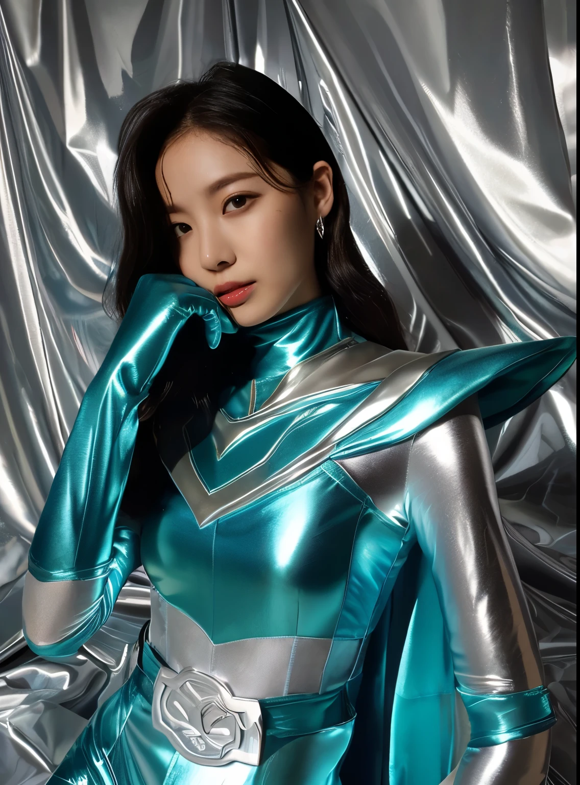 best image quality、Super high resolution、(realism:1.4)、Korean beauty star、The most beautiful KPOP star、horny face、Horny Korean makeup、erotic expression、A body that makes you want to touch it、erotic photos、((Realistic shiny satin fabric texture、High-gloss stretch satin fabric that is smooth and smooth to the touch.、The drape of the curved part of the shiny satin fabric、strong shiny costume、The smooth and beautiful quality and luster of the costumes、A shiny costume made of high-quality satin fabric with high density.、Smooth to the touch oil light liang ice 縝绸 ultra-class battleship skin coat COS、Super Sentai Women's Heroine Suit、Texture of costumes that satin fetishists respond to、Thin, glossy stretch satin fabric)),8K photo quality