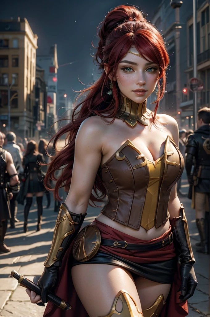 stunning girlfriend, heart shaped face, elegant face, beautiful face, highly detailed face, highly detailed skin, skin pores, subsurface scattering, realistic pupils, full lips, detailed background, depth of field, atmospheric perspective, volumetric lighting, sharp focus, absurdres, realistic proportions, good anatomy, (realistic, hyperrealistic:1.4), 16k hdr, ((best quality)), ((highly detailed)), absurdres, (detailed eyes, deep eyes), (1girl), full body, pyrrha nikos, rwby, red hair, ponytail, green eyes, medium breasts, smiling, circlet, bustier, bare shoulders, skirt, elbow gloves, bracers, armored boots, night, stars, desert, crowd, (crowd wearing traditional Greek robes))