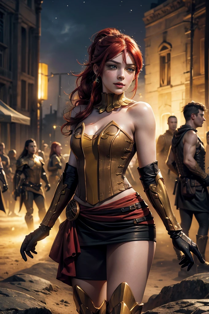 stunning girlfriend, heart shaped face, elegant face, beautiful face, highly detailed face, highly detailed skin, skin pores, subsurface scattering, realistic pupils, full lips, detailed background, depth of field, atmospheric perspective, volumetric lighting, sharp focus, absurdres, realistic proportions, good anatomy, (realistic, hyperrealistic:1.4), 16k hdr, ((best quality)), ((highly detailed)), absurdres, (detailed eyes, deep eyes), (1girl), full body, pyrrha nikos, rwby, red hair, ponytail, green eyes, medium breasts, smiling, circlet, bustier, bare shoulders, skirt, elbow gloves, bracers, armored boots, night, stars, desert, crowd, (crowd wearing traditional Greek robes))
