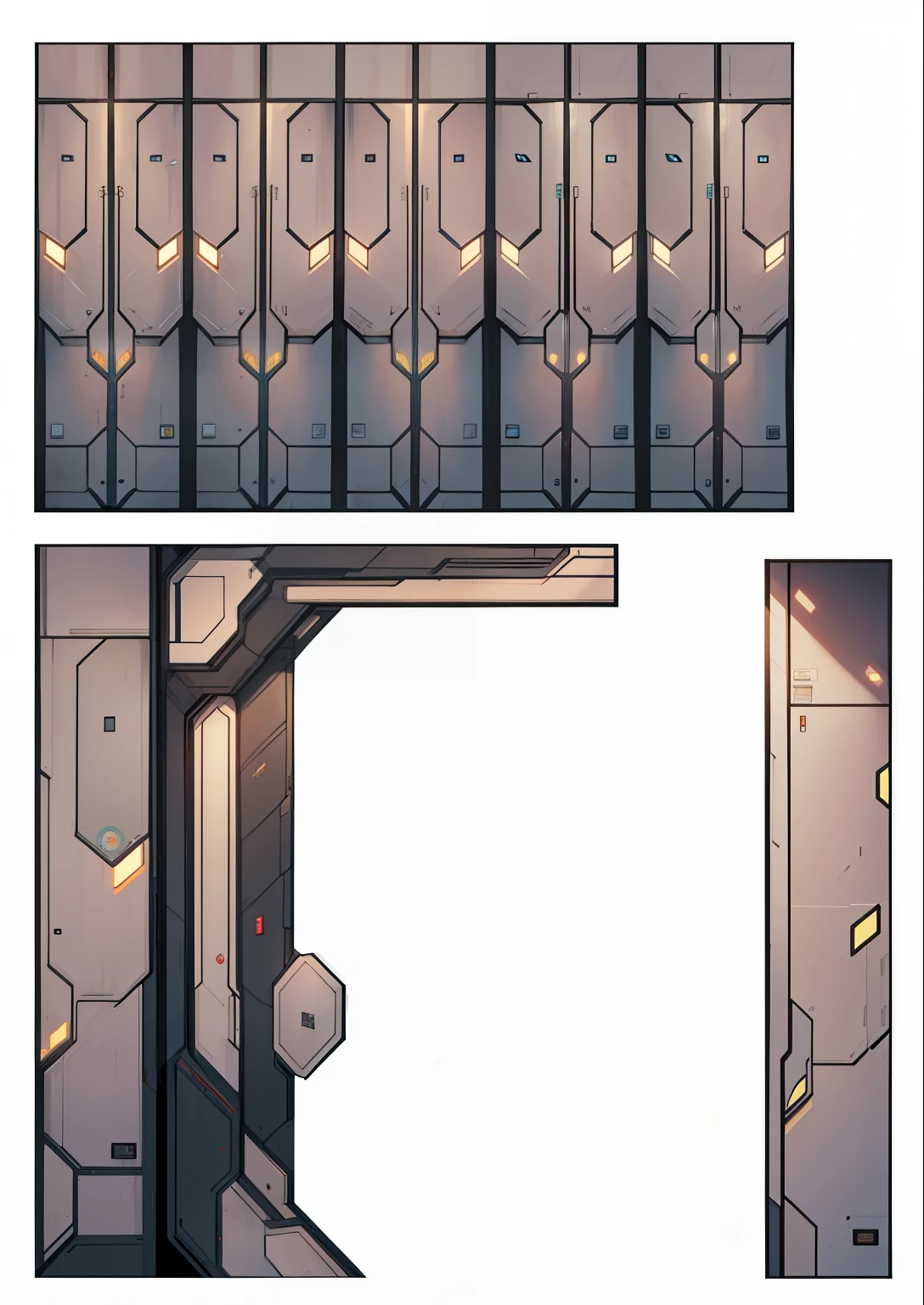 there are two different views of a futuristic looking door, detailed science fiction backgrounds, cortes de painel altamente detalhados, science fiction details, fundo do corredor da nave espacial, Science fiction standards, arte de fundo, hangar de nave espacial, arte detalhada do jogo, piso mecha, comic panels, tilset, fundo escuro do hangar, interior detalhado da nave espacial, fronteiras ornamentadas + arte conceitual, ativos de videogame