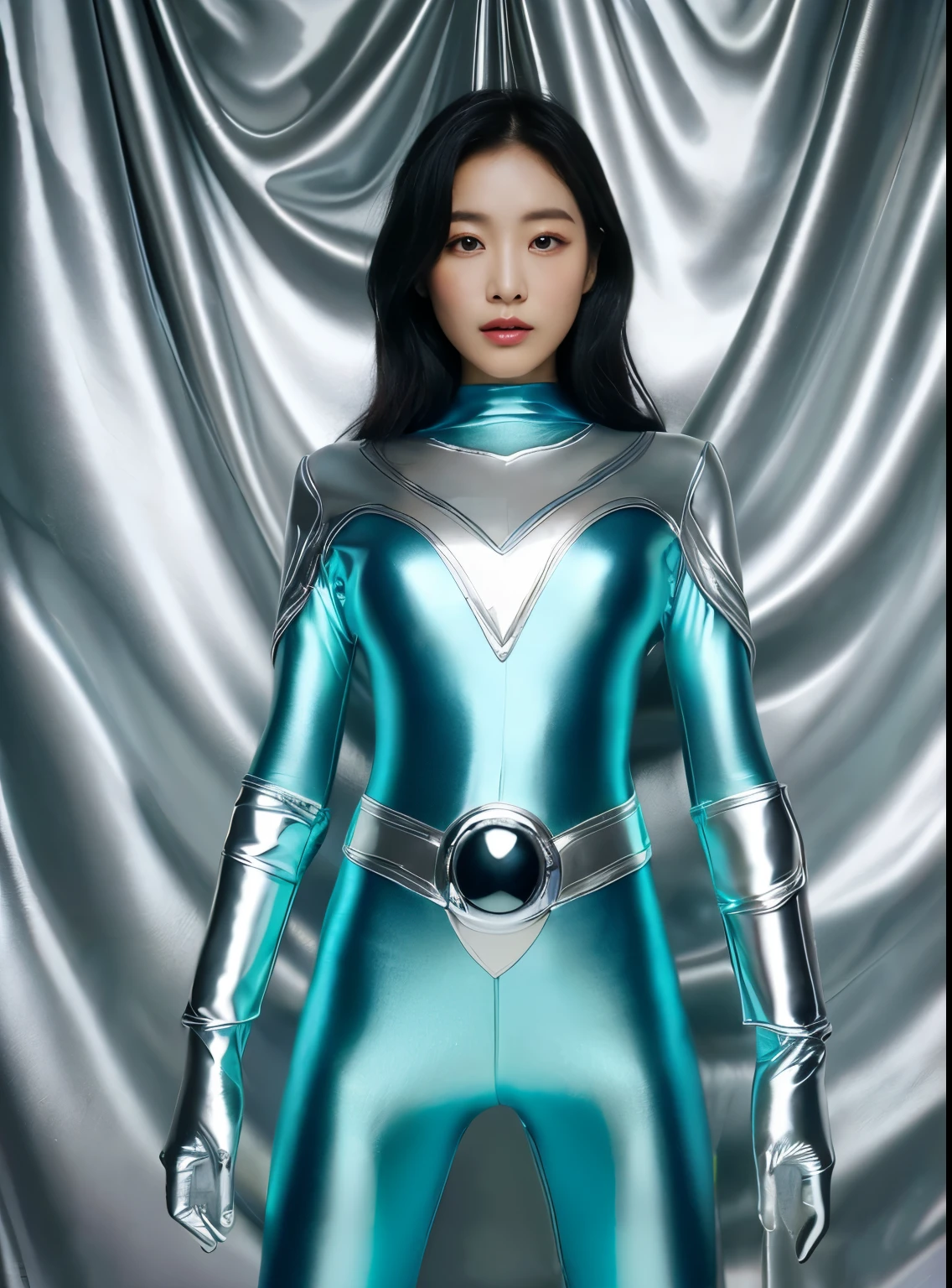 best image quality、Super high resolution、(realism:1.4)、Korean beauty star、The most beautiful KPOP star、horny face、Horny Korean makeup、erotic expression、A body that makes you want to touch it、erotic photos、((Realistic shiny satin fabric texture、High-gloss stretch satin fabric that is smooth and smooth to the touch.、The drape of the curved part of the shiny satin fabric、strong shiny costume、The smooth and beautiful quality and luster of the costumes、A shiny costume made of high-quality satin fabric with high density.、Smooth to the touch oil light liang ice 縝绸 ultra-class battleship skin coat COS、Super Sentai Women's Heroine Suit、Texture of costumes that satin fetishists respond to、Thin, glossy stretch satin fabric)),8K photo quality
