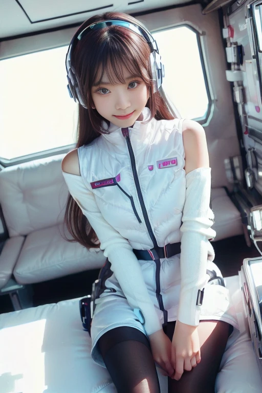 ((NSFW: 1.4)), ((Detailed face, Professional photography)), ((NSFW, zettai ryouiki, 1 girl)), Ultra-high resolution, (Realistic: 1.4), RAW Photos, highest quality, (PhotoRealistic Stick), concentrated, Soft Light, ((30 years old)), ((Japanese)), (( (Young Face))), (surface), (Depth of written boundary), masterpiece, (Realistic),(inside ISS):3, woman, ,astrovest:2,headphone:2,smartwatch,,bangs, ((1 girl)),(black sleeves):2,(black tights):2,inside spacestation,inside spacecraft,,zero gravity,smile,open leg,blush:1.5,hidden hands,neotech