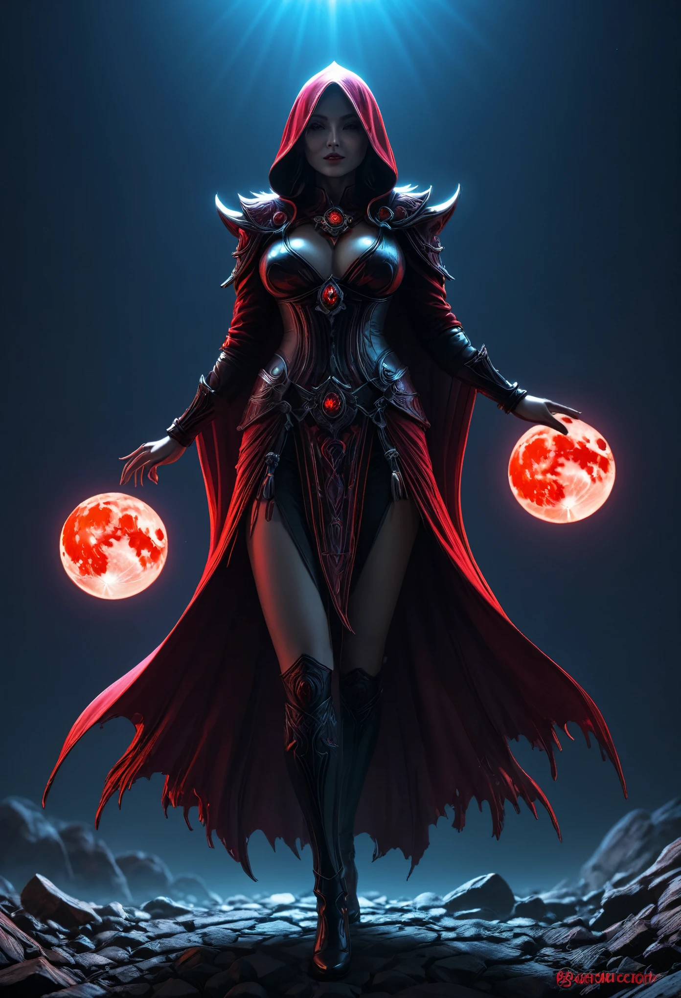 Red Necromancer, (alone), alone,Are standing_Split, Blood Moon, Ray Tracing, masterpiece, highest quality, super high quality, 不条理なdetailed, best Light, Best Shadow, sharp, sharp image, detailed, extremely detailed, Amazing resolution, 8k, 4K, Ultra-high resolution, Particle Effects, Beautiful Effects, Vibrant colors, neon Light, neon, Light,