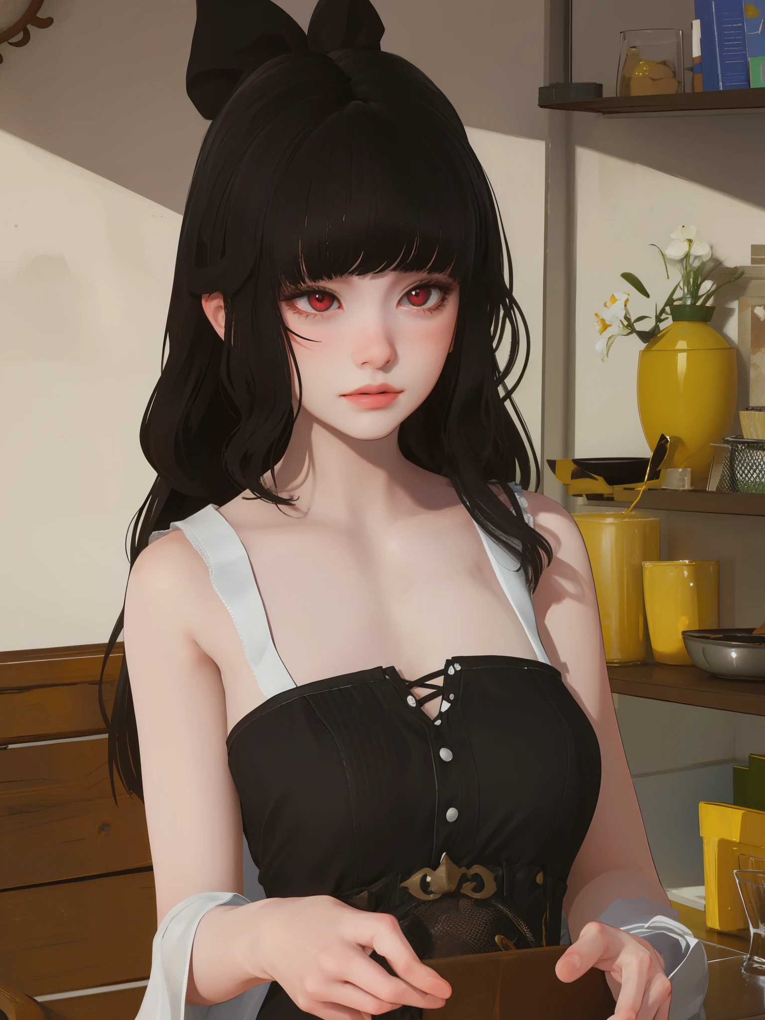 masterpiece, highly detailed, best quality, 1girl, solo, Luna, black hair, red eyes, blunt bangs