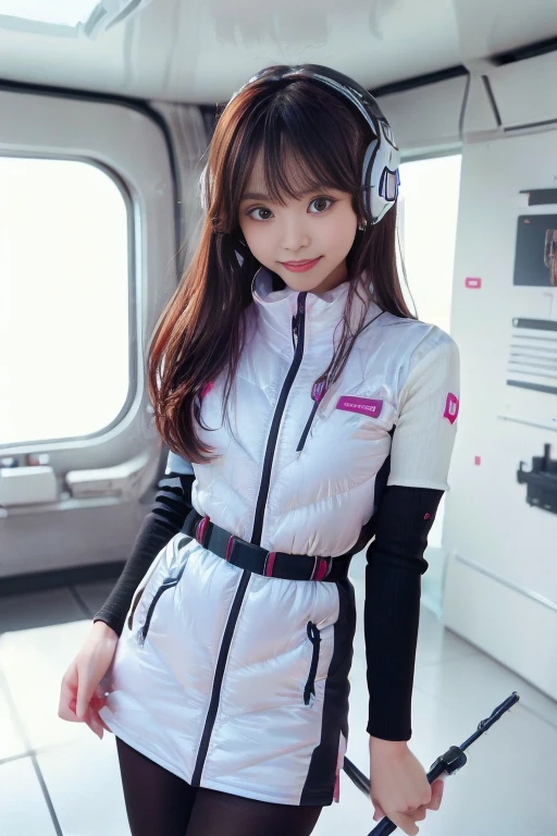 ((NSFW: 1.4)), ((Detailed face, Professional photography)), ((NSFW, zettai ryouiki, 1 girl)), Ultra-high resolution, (Realistic: 1.4), RAW Photos, highest quality, (PhotoRealistic Stick), concentrated, Soft Light, ((30 years old)), ((Japanese)), (( (Young Face))), (surface), (Depth of written boundary), masterpiece, (Realistic),(inside ISS):3, woman, ,astrovest:2,headphone:2,smartwatch,,bangs, ((1 girl)),(black sleeves):2,(black tights):2,inside spacestation,inside spacecraft,,zero gravity,smile,open leg,blush:1.5,hidden hands,neotech