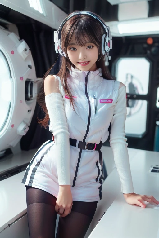 ((NSFW: 1.4)), ((Detailed face, Professional photography)), ((NSFW, zettai ryouiki, 1 girl)), Ultra-high resolution, (Realistic: 1.4), RAW Photos, highest quality, (PhotoRealistic Stick), concentrated, Soft Light, ((30 years old)), ((Japanese)), (( (Young Face))), (surface), (Depth of written boundary), masterpiece, (Realistic),(inside ISS):3, woman, ,astrovest:2,headphone:2,smartwatch,,bangs, ((1 girl)),(black sleeves):2,(black tights):2,inside spacestation,inside spacecraft,,zero gravity,smile,open leg,blush:1.5,hidden hands,neotech