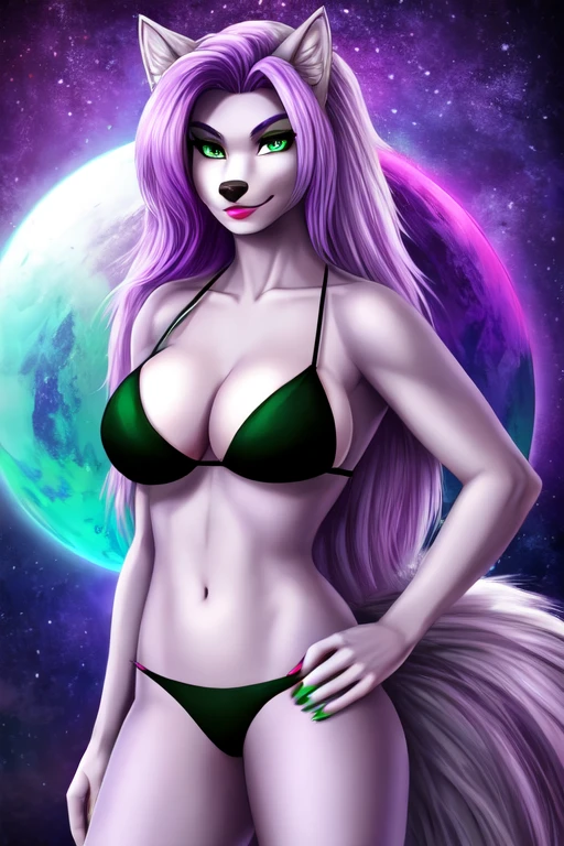 Best quality Roxanne Wolf a bikini standing with purple fgreen.
Green eyes. light Purple hair with a little bit of green.