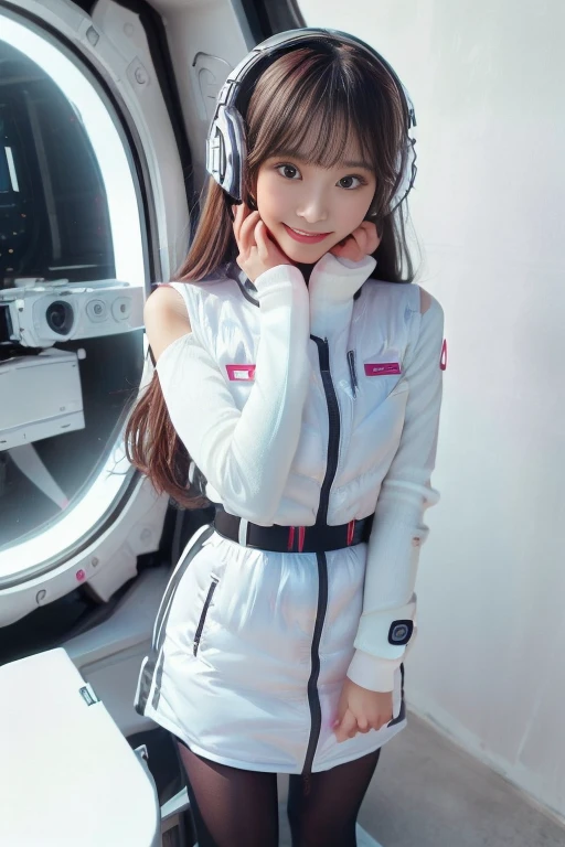 ((NSFW: 1.4)), ((Detailed face, Professional photography)), ((NSFW, zettai ryouiki, 1 girl)), Ultra-high resolution, (Realistic: 1.4), RAW Photos, highest quality, (PhotoRealistic Stick), concentrated, Soft Light, ((30 years old)), ((Japanese)), (( (Young Face))), (surface), (Depth of written boundary), masterpiece, (Realistic),(inside ISS):3, woman, ,astrovest:2,headphone:2,smartwatch,,bangs, ((1 girl)),(black sleeves):2,(black tights):2,inside spacestation,inside spacecraft,,zero gravity,smile,open leg,blush:1.5,hidden hands,neotech