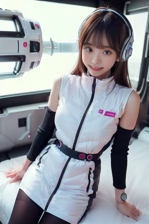 ((NSFW: 1.4)), ((Detailed face, Professional photography)), ((NSFW, zettai ryouiki, 1 girl)), Ultra-high resolution, (Realistic: 1.4), RAW Photos, highest quality, (PhotoRealistic Stick), concentrated, Soft Light, ((30 years old)), ((Japanese)), (( (Young Face))), (surface), (Depth of written boundary), masterpiece, (Realistic),(inside ISS):3, woman, ,astrovest:2,headphone:2,smartwatch,,bangs, ((1 girl)),(black sleeves):2,(black tights):2,inside spacestation,inside spacecraft,,zero gravity,smile,open leg,blush:1.5,hidden hands,neotech
