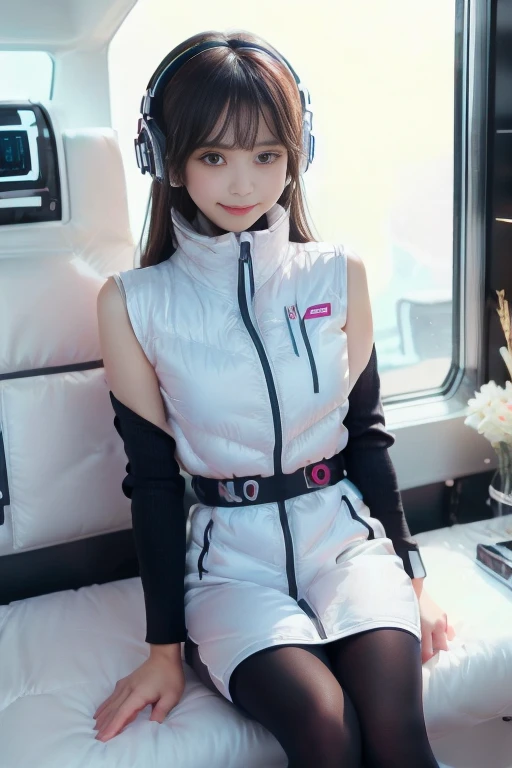 ((NSFW: 1.4)), ((Detailed face, Professional photography)), ((NSFW, zettai ryouiki, 1 girl)), Ultra-high resolution, (Realistic: 1.4), RAW Photos, highest quality, (PhotoRealistic Stick), concentrated, Soft Light, ((30 years old)), ((Japanese)), (( (Young Face))), (surface), (Depth of written boundary), masterpiece, (Realistic),(inside ISS):3, woman, ,astrovest:2,headphone:2,smartwatch,,bangs, ((1 girl)),(black sleeves):2,(black tights):2,inside spacestation,inside spacecraft,,zero gravity,smile,open leg,blush:1.5,hidden hands,neotech