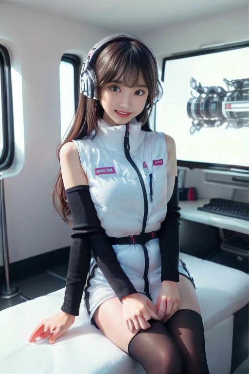 ((NSFW: 1.4)), ((Detailed face, Professional photography)), ((NSFW, zettai ryouiki, 1 girl)), Ultra-high resolution, (Realistic: 1.4), RAW Photos, highest quality, (PhotoRealistic Stick), concentrated, Soft Light, ((30 years old)), ((Japanese)), (( (Young Face))), (surface), (Depth of written boundary), masterpiece, (Realistic),(inside ISS):3, woman, ,astrovest:2,headphone:2,smartwatch,,bangs, ((1 girl)),(black sleeves):2,(black tights):2,inside spacestation,inside spacecraft,,zero gravity,smile,open leg,blush:1.5,hidden hands,neotech