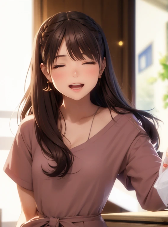 High resolution,In 8K,highest quality,detailed,Semi-realistic anime,Anime 3D Style,Smooth anime CG,One Girl,19-year-old woman in Japan,slim,Modeled,Shiny brown hair,Medium Hair,detailedな顔,Beautiful and detailed,Glowing Skin,Red Cut and Sew,Earrings,straggling hair,Angelic hairstyle,((eyes closed)),Small breasts,(Looking at the camera),((Open your mouth)),((Laughter))