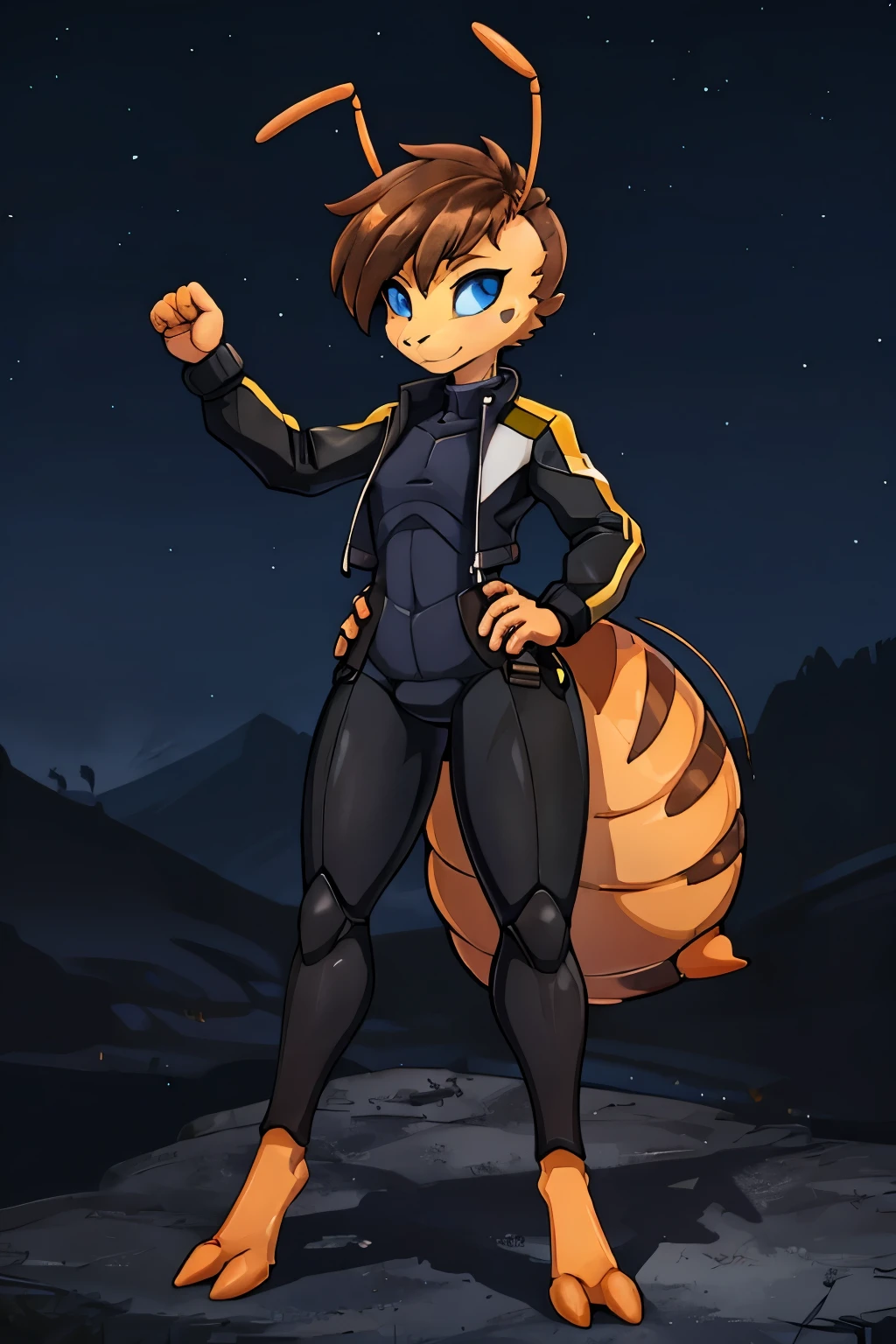 anthro ant, cute, skinny, feminine body, Looking at viewer, night sky background, thin body, black and orange wet suit, short hair, dark blonde hair, slicked haircut, forehead, blue eyes, utility belt, cropped jacket, (2 long ant antenna), insect, arthropod, small arthropod abdomen, tiny breasts, ant feet, proud pose, (dripping abdomen) , orange myr