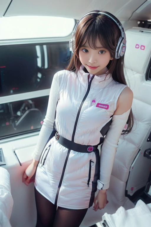 ((NSFW: 1.4)), ((Detailed face, Professional photography)), ((NSFW, zettai ryouiki, 1 girl)), Ultra-high resolution, (Realistic: 1.4), RAW Photos, highest quality, (PhotoRealistic Stick), concentrated, Soft Light, ((30 years old)), ((Japanese)), (( (Young Face))), (surface), (Depth of written boundary), masterpiece, (Realistic),(inside ISS):3, woman, ,astrovest:2,headphone:2,smartwatch,,bangs, ((1 girl)),(black sleeves):2,(black tights):2,inside spacestation,inside spacecraft,,zero gravity,smile,open leg,blush:1.5,hidden hands,neotech
