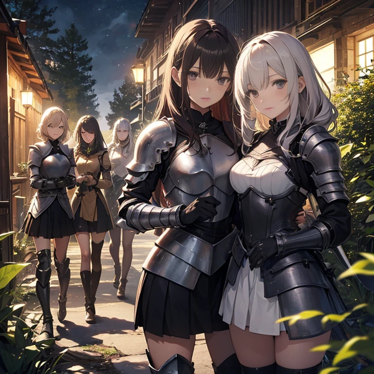 A group of female knights, (in forest), various hair styles, harem, wearing armored clothes, metal armor, night, details face, short skirt, seducing, sword,
