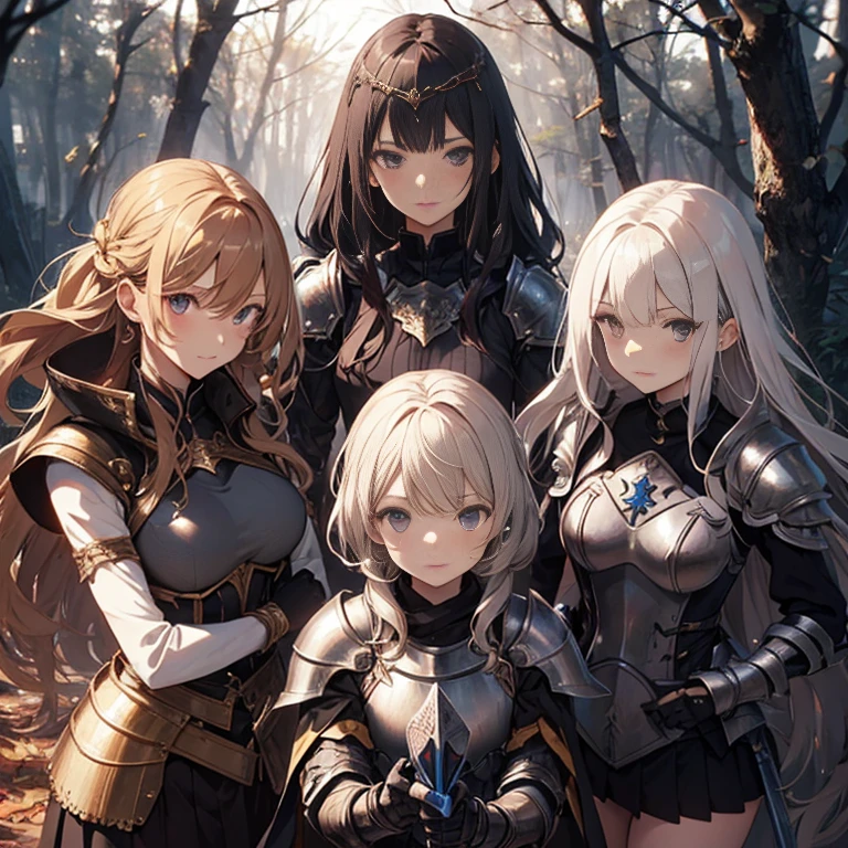 A group of  female knights, (in forest), various hair styles, harem, wearing armored clothes, metal armor, night, details face, short skirt, seducing, sword,