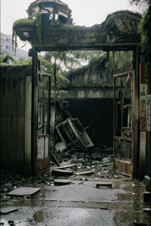 amusement park,moss,Collapse,Devastation,Inside the ruins is narrow,Showa,Glasses,Women,adventure,Black and White,