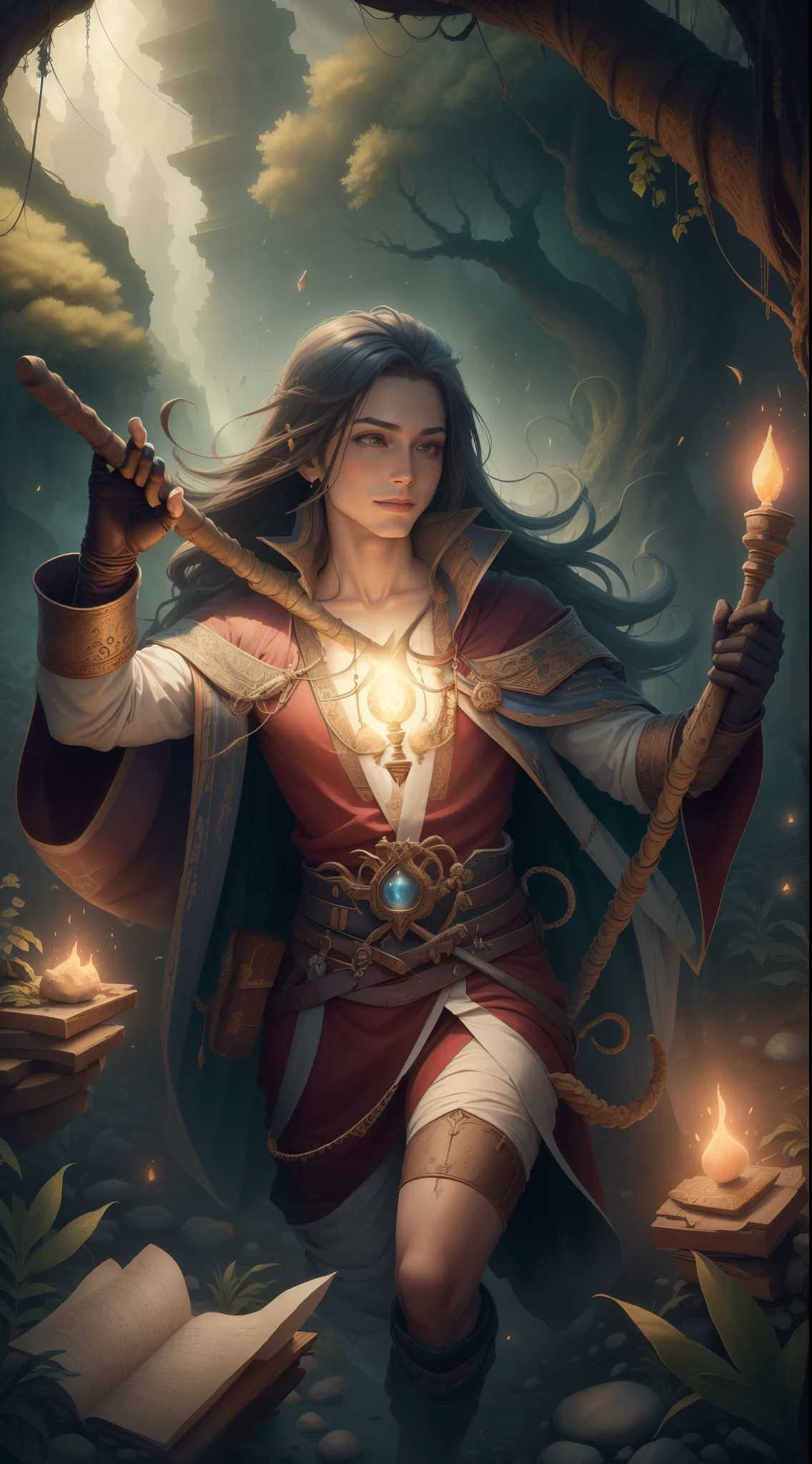 ExpeditionStyle Style-GravityMagic, portrait, (bloody scars:0.7), looking down, solo, (full body:0.6), detailed background, (RootsBranchesAI theme:1.1) glowing eyes, gentle smile, gentle, cleric, casting light spell, praying, hovering in air, nature, floating pebbles, Maroon robe, gloves, magic staff, divine spell, mana, bright realistic lighting, tranquil field in background, (Masterpiece:1.3) (best quality:1.2) (high quality:1.1)