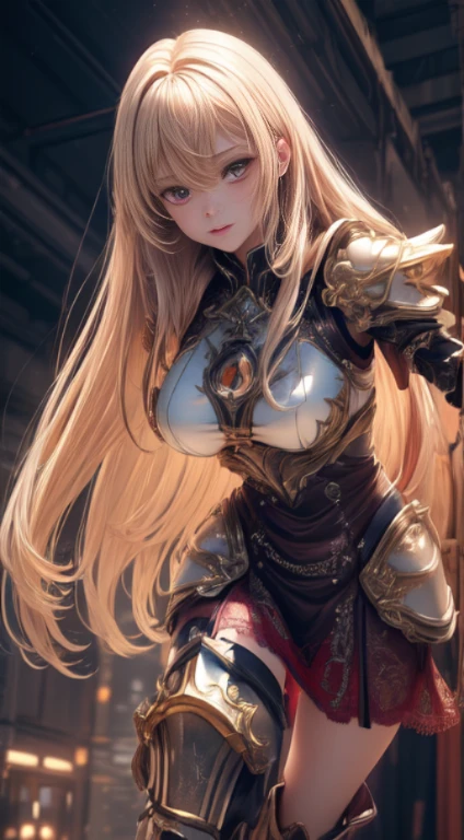 (Random Fighting Pose),Extreme close-up,Cinematic scene,Fantasy Art,Highest image quality,hyperrealistic portrait,(8K),Ultra-realistic,Best Quality,High quality,High Definition,high quality texture,high detailing,Beautiful detailed,fine detailed,extremely details CG,Detailed texture,realistic representation of face,masutepiece,presence,Dynamic,Bold,1gir,Ultra detailed skin,Curve,Petite,Beautiful breasts,Large breasts,pale skin,pointed breast,Erect nipples,(super thin hair),(ultra soft hair),(ultra straight hair),Swept long bangs,very light coppery amber hair,Hair over one eye,Japanese clothes with armor