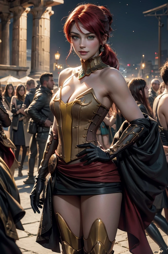 stunning girlfriend, heart shaped face, elegant face, beautiful face, highly detailed face, highly detailed skin, skin pores, subsurface scattering, realistic pupils, full lips, detailed background, depth of field, atmospheric perspective, volumetric lighting, sharp focus, absurdres, realistic proportions, good anatomy, (realistic, hyperrealistic:1.4), 16k hdr, ((best quality)), ((highly detailed)), absurdres, (detailed eyes, deep eyes), (1girl), full body, pyrrha nikos, rwby, red hair, ponytail, green eyes, medium breasts, smiling, circlet, bustier, bare shoulders, skirt, elbow gloves, bracers, armored boots, night, stars, desert, crowd, (crowd wearing traditional Greek robes))