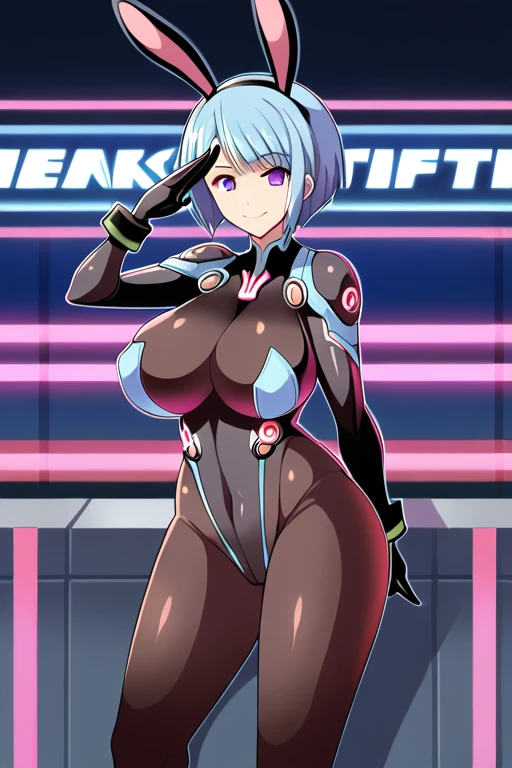 1girl, bunny ears, rabbit ears, large breasts, breasts, mature female, purple eyes, light smile, salute, saluting, smile, blue hair, very short hair, bodysuit, pantyhose, black pantyhose, white bodysuit, light blue hair, light skin, neon, neon trim, neon lights, macjonery, futuristic, science-fiction, tech