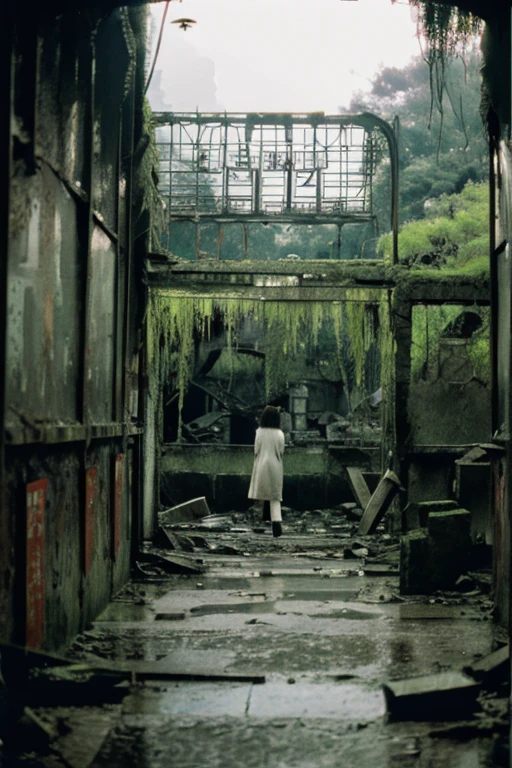 amusement park,moss,Collapse,Devastation,Inside the ruins is narrow,Showa,Glasses,Women,adventure,Black and White,