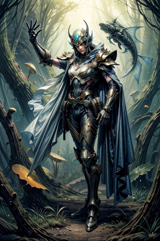(best quality,4k,8k,highres,masterpiece:1.2),ultra-detailed,(realistic,photorealistic,photo-realistic:1.37), HDR,UHD,studio lighting,ultra-fine painting,sharp focus,physically-based rendering,extreme detail,art nouveau,tarot card style, onmyoji detailed art, 1female alien, cyborg samurai, (dynamic pose:1.6),wide angle, Dynamic angle and composition, from sengoku period, more_details:1.5, (wearing a biological exoskeleton:1.6), (Holding a large sword), (fractal designs), clothed in old samurai uniform, wearing kimono armor, (wearing a fish-shaped glass helmet:1.37), highly detailed exoskeleton, (her exoskeleton have organic details adorned with beautiful gems:1.37), futuristic alien,(wearing a translucent cloth cape in the shape of a leaf:1.4), Translucent petal-like cloth hangs from her waist, horror, (sci-fi), (concept art inspired by moebius), (exotic alien flora background with fungi:1.6), dreamy lighting, vibrant colors,earthen and pale blue hues,Yoshitaka Amano style, intricate details, (surreal landscape), (otherworldly creatures), mesmerizing pattern, intricate helmet design, dreamlike atmosphere, mythical creatures, (surrealistic composition), full body wuxia, trending on cgsociety