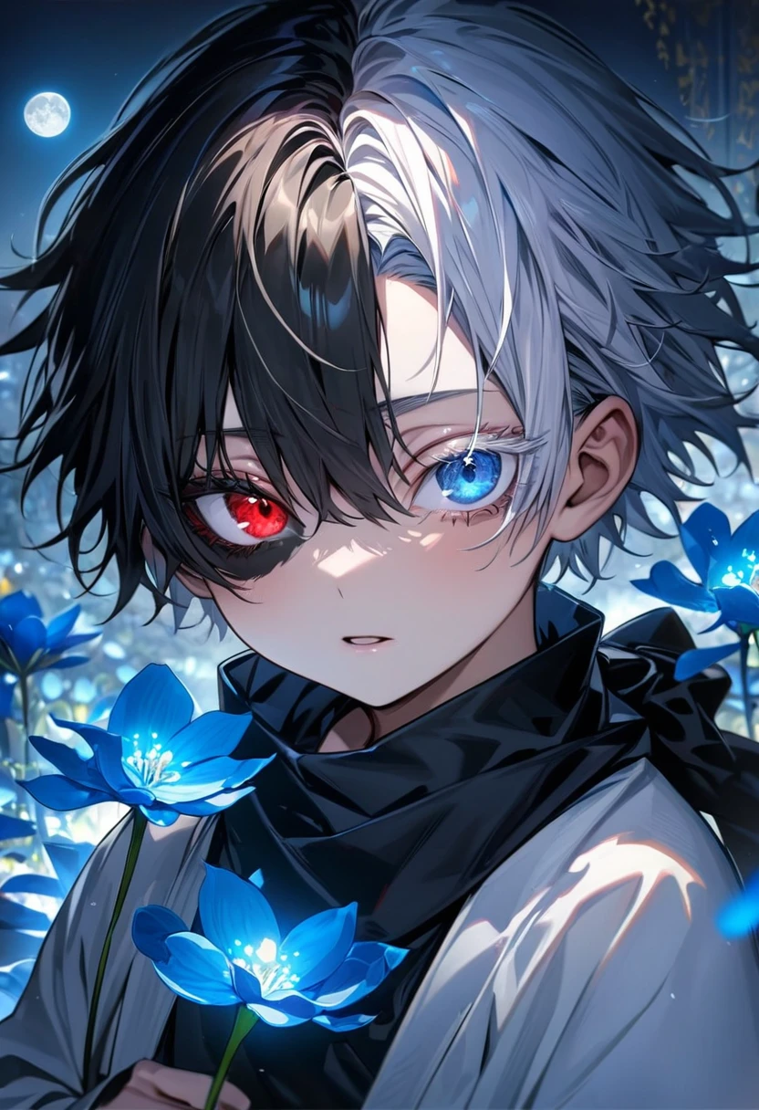 absurdres, highres, ultra detailed, HDR, master piece, best quality, extremely detailed face and eyes, Gojo Satoru, short hair with bangs, hair between the eyes, he has two different hair colour, bicolored hair, right half black hair, left half white hair, heterochromia, right eye red, left eye blue, white eyelashes, Jujutsu Kaisen, solo, little boy, cute, black scarf, white haori, black kimono, blue petals, blue lilies, blue moon, blue fireflies