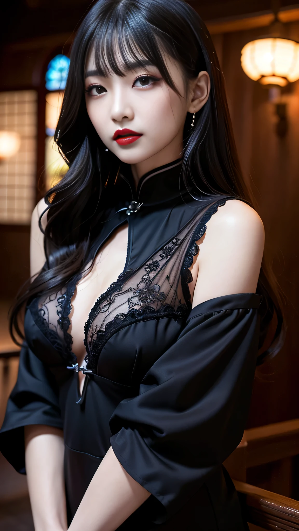 tra-detailed、Japanese、Attractive beauty、seductive adult woman、Pretty Woman、piercing eyes、cool girl、wavy hair、swept bangs、Long Black Cheongsam、Wide sleeves、Evil cadres、Fallen into evil、brainwash、mind control、lipstick、Lip gloss、dark makeup、smirk、Whisper in my ear、Evil expression、evil、hollow eyes,half-closed eyes、Hollow Eyes、evil、Church at night、Vampire、Succubus、vampire