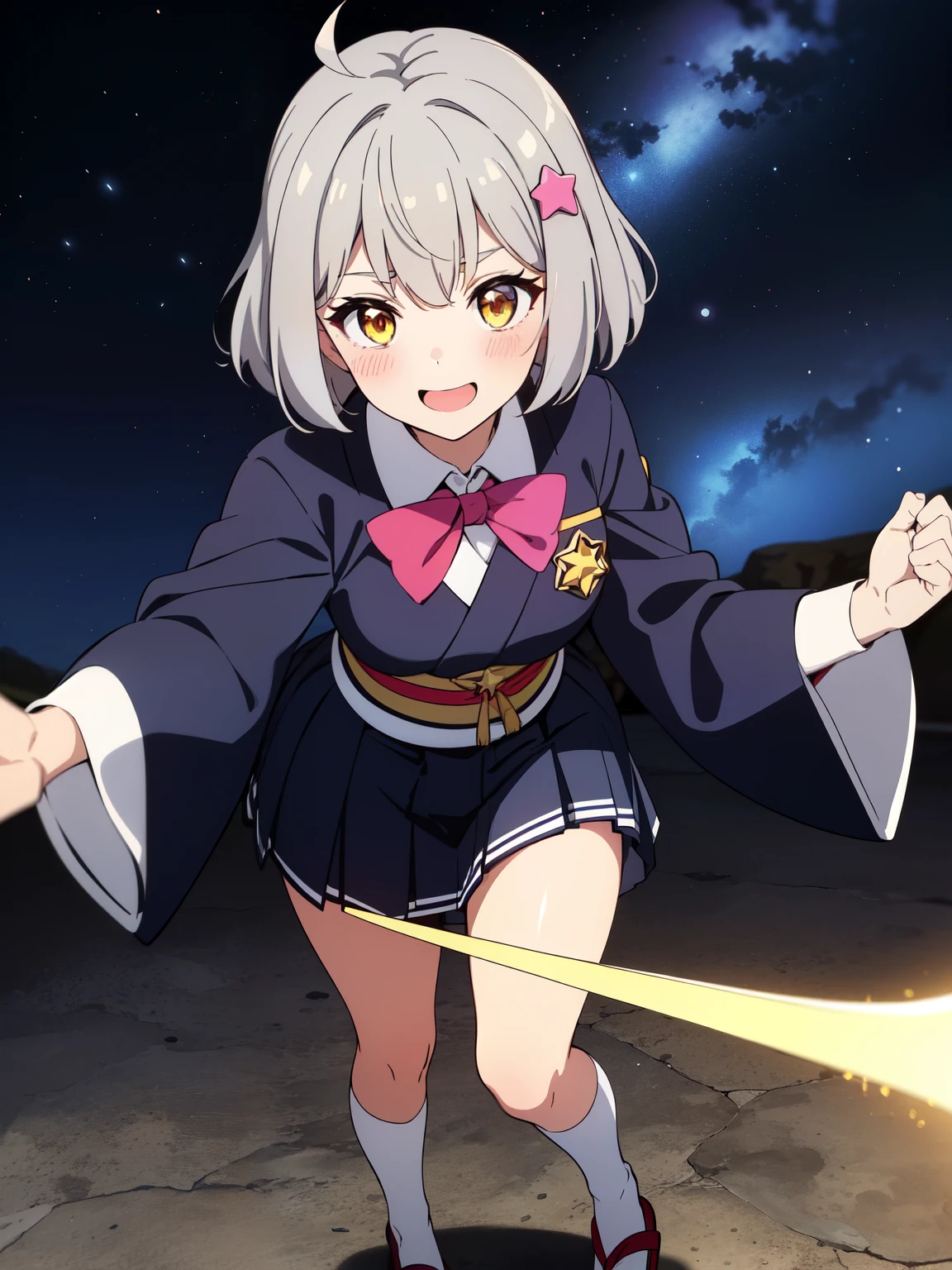 (1girl), ((gray hair)), ((silver hair)), ((golden yellow eyes)), short hair, ahoge, ((hair covering left eye)), ((bangs covering left eye)), ((left eye hidden)), bangs, hair bow, large breasts, standing, cute pose, majestic, open cardigan, ((star themed outfit)), stars on clothing, (star hairpin), ((legwarmer socks with a star design)), adult, ((Japanese school uniform)), (school skirt), (black leg tights), smile, blush, ((swirls in eyes)), holy appearance, ((goddess)), full body, goddess appearance, fighting with sword, godly sword, ancient sword,