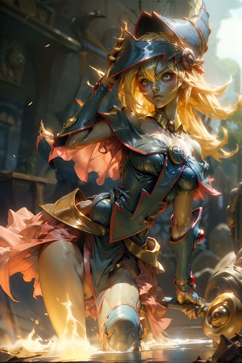 Dark magician gils. Ojos azules, labios rojos, cabello rubio y largo. Pose sensual. Fondo de Fuego. She is in flames