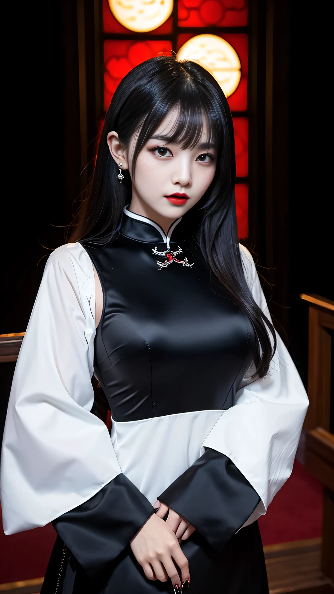 tra-detailed、Japanese、Attractive beauty、seductive adult woman、Pretty Woman、piercing eyes、cool girl、wavy hair、swept bangs、Long Black Cheongsam、Wide sleeves、Evil cadres、Fallen into evil、brainwash、mind control、lipstick、Lip gloss、dark makeup、smirk、Whisper in my ear、Evil expression、evil、hollow eyes,half-closed eyes、Hollow Eyes、evil、Church at night、Vampire、Succubus、vampire