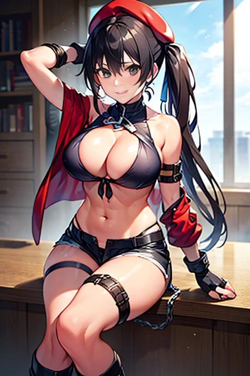 Thynasha,dark green hair,very long hair,(side ponytail:1.3),hair between eyes,bangs, (red beret, black jacket, open clothes, cleavage, midriff, black shorts, black thighhighs, thigh strap, fingerless gloves, single glove:1.2), Photo,sharpness, F1.6 lens,hyper-realistic textures,spectacular light textures, Cinestil 800 Fashion Mechanics,(((Beautiful woman with left leg restrained and hung by chains))),Appearance,Beautiful girl with accentuated slender abs: 1.1,six-pack abs: 1.1, Bust Botox,Standing on tiptoe, long legs,Long brown hair fluttering in the wind,Brown hair, Long hair, Female Warrior Costume,(No panties,No bra),(tacticul battle fashion,elbow and knee tacticul battle fashion, battle glove: 1.1),((cute batre costume)),The belly comes out and the navel is visible,Thin sheer costume, combat gloves,shredded costumes,cyber long combat boots with golden knee pads,Anatomical,(futuristic sci-fi battle fashion, new elbow and knee cyberpads, new cyberlong boots, new cybergloves: 1.1),(tied perfectly by iron chain), Restraint, Slave, collars, contempt, (Chained), 4 chains hung from heaven, Metallic shackles and fetters, wet crotch clearly visible,((Hands are restrained above the head)), the neck is chained,Chain from left knee to heaven,Chained by rusty iron chains,((the tip is protruding, areolas protruding,The shape of the pubic harearea is clearly visible:1.2)),Sweating,Wet,Wet crotch,Wet thighs,Junkyard, Realistic, (cute, perfect clothes, skimpy clothes, cute: 1.3) ,Vast miritary base in us,((wide mirtary hospital with summer sunlight)), peeling ceilings, Rebar between, Realistic material details, Extreme details, Ultra-realistic materials,narrow waist,sexy pause,(with sparkling eyes and a contagious smile:0.9),looking at viewer,