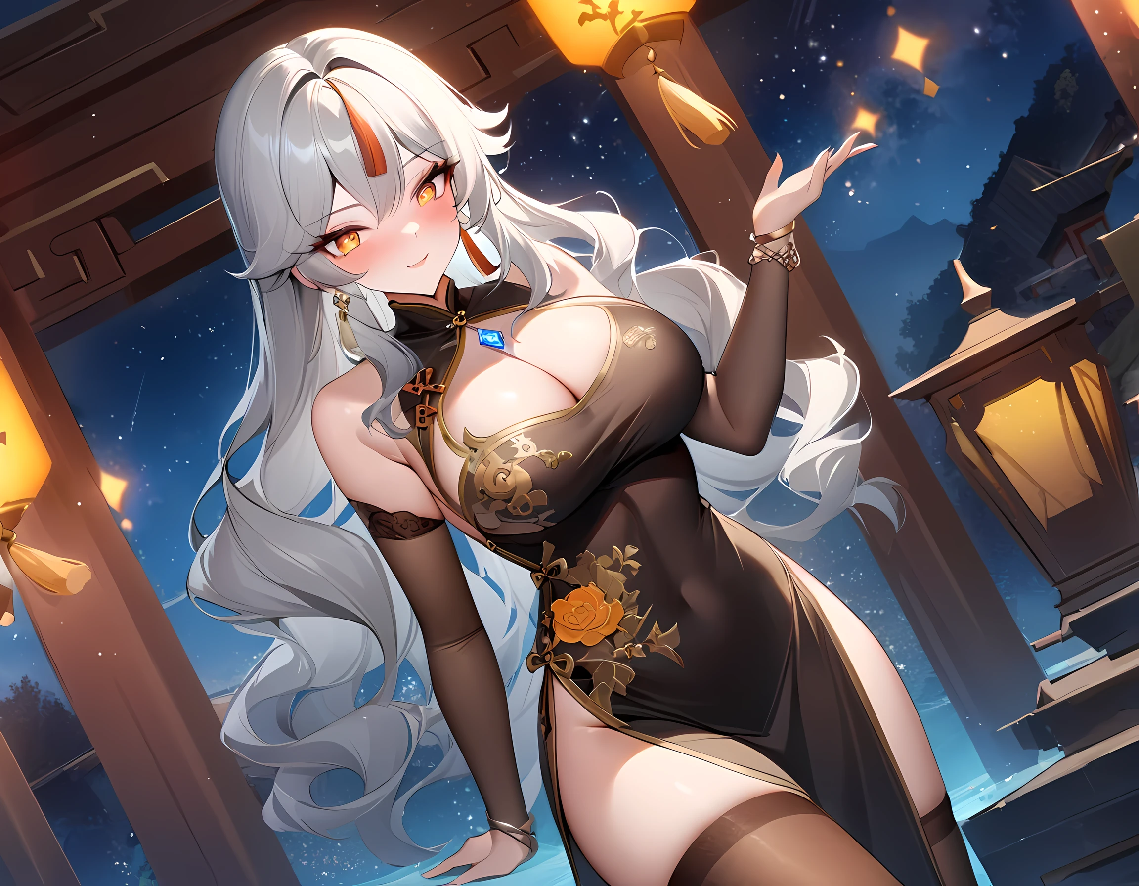 (masterpiece), best quality, expressive eyes, perfect face,mature woman,((1woman)),((silver hair)),long hair,wavy hair,(glowing orange pupils),big breasts,cleavage,(cheongsam:1.4),(embroidery:1.5),(garterbelt),(brown and gold thighhighs),floating crystals,crystal pendant,circlet,tassel earrings,elbow gloves,bracelets,bashful smile,standing,sexy pose,fantasy scenary,(night:1.1),(starry sky 1:1),gems,(sparkle:0.9),(glitter:0.9),dymanic angle,head tilt, mengde, ninggaung_(genshin impact), gemstone background