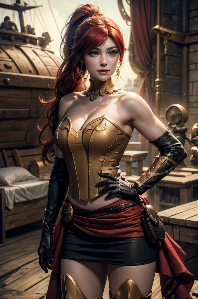 stunning girlfriend, heart shaped face, elegant face, beautiful face, highly detailed face, highly detailed skin, skin pores, subsurface scattering, realistic pupils, full lips, detailed background, depth of field, atmospheric perspective, volumetric lighting, sharp focus, absurdres, realistic proportions, good anatomy, (realistic, hyperrealistic:1.4), 16k hdr, ((best quality)), ((highly detailed)), absurdres, (detailed eyes, deep eyes), (1girl), full body, pyrrha nikos, rwby, red hair, ponytail, green eyes, medium breasts, smiling, circlet, bustier, bare shoulders, skirt, elbow gloves, bracers, armored boots, night, stars, on deck of pirate ship, galleon, sails, crew, (crew wearing traditional Greek robes))