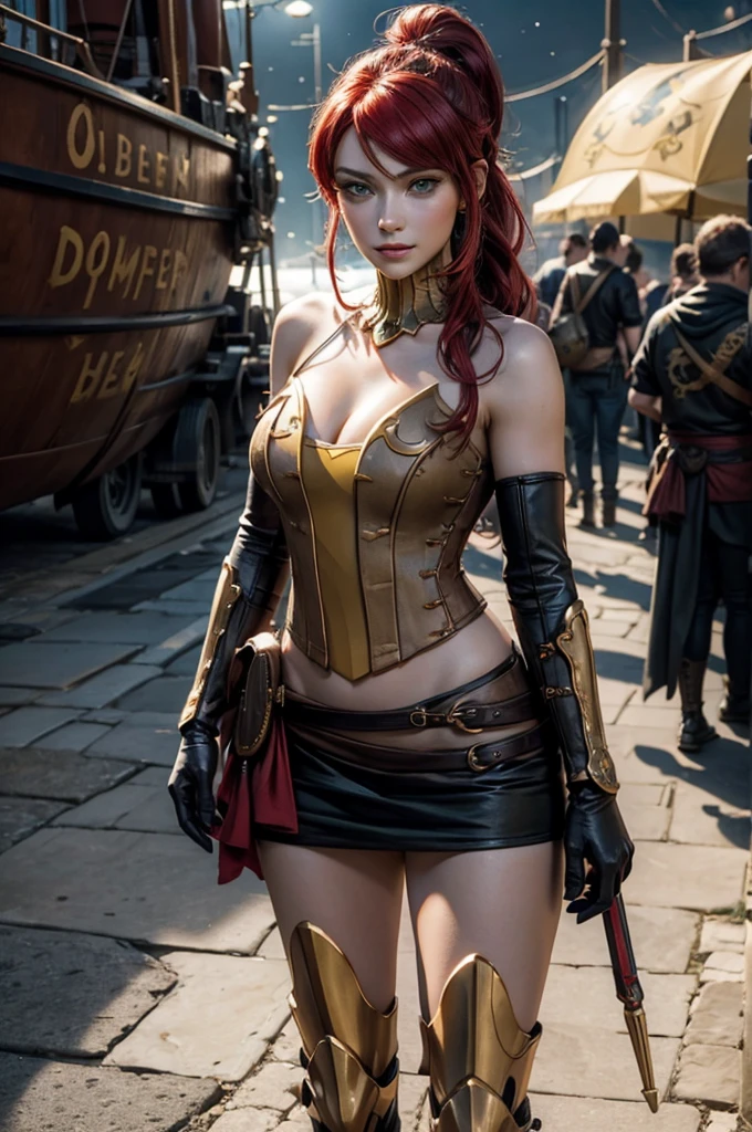 stunning girlfriend, heart shaped face, elegant face, beautiful face, highly detailed face, highly detailed skin, skin pores, subsurface scattering, realistic pupils, full lips, detailed background, depth of field, atmospheric perspective, volumetric lighting, sharp focus, absurdres, realistic proportions, good anatomy, (realistic, hyperrealistic:1.4), 16k hdr, ((best quality)), ((highly detailed)), absurdres, (detailed eyes, deep eyes), (1girl), full body, pyrrha nikos, rwby, red hair, ponytail, green eyes, medium breasts, smiling, circlet, bustier, bare shoulders, skirt, elbow gloves, bracers, armored boots, night, stars, on deck of pirate ship, galleon, sails, crew, (crew wearing traditional Greek robes))