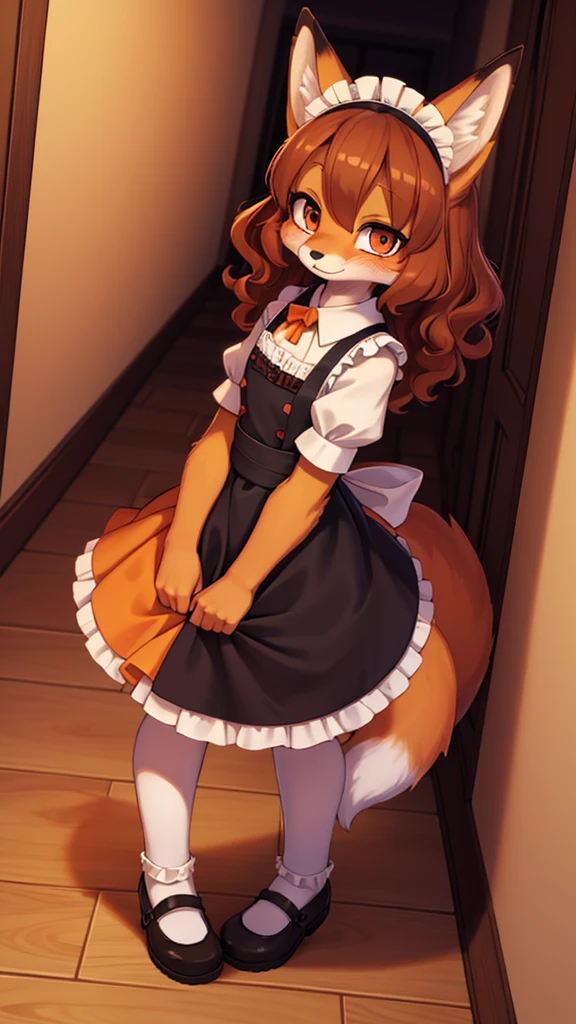 1 woman, furry, fox, orange fur, brown curly hair, maid, background of a house hallway, maid dress, long socks, a little scared, a little blushing