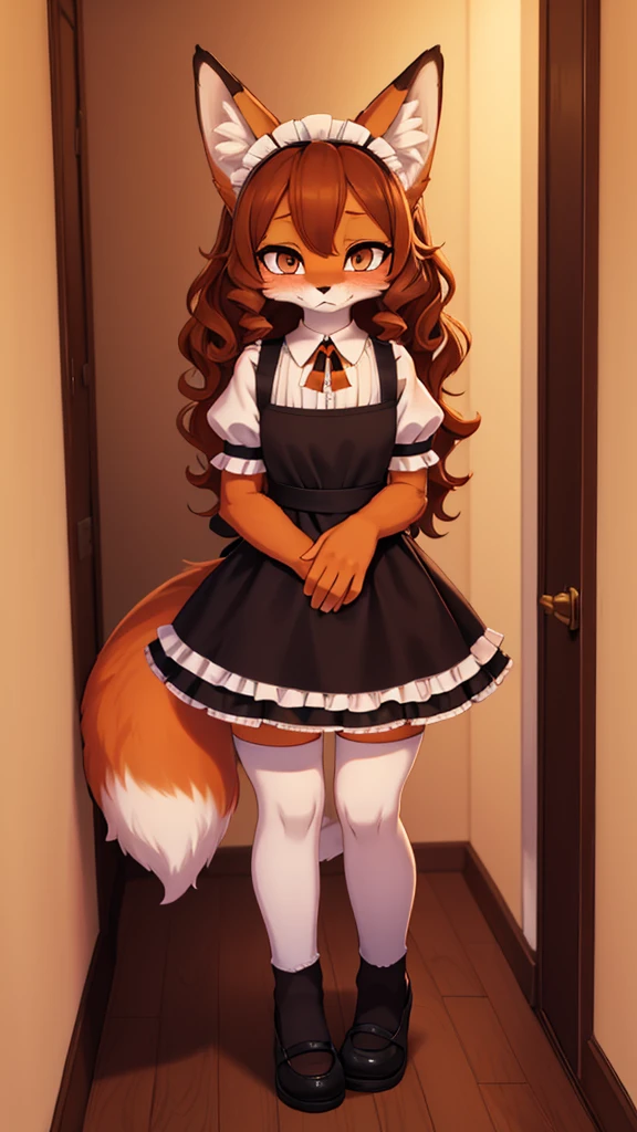 1 woman, furry, fox, orange fur, brown curly hair, maid, background of a house hallway, maid dress, long socks, a little scared, a little blushing